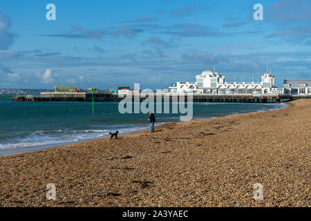 A middle aged woman walking her dog on a pebble beach with south parade pier southsea in the background Stock Photo