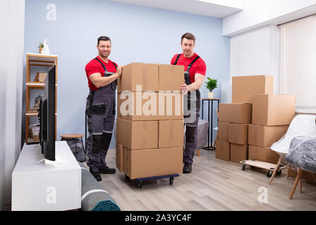 Smiling Professional Movers In Uniform With Stack Of Cardboard Boxes In The Living Room Stock Photo