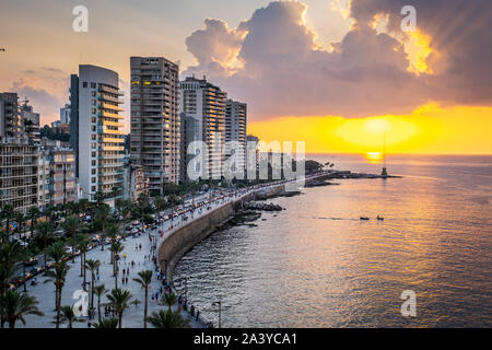 Aerial view of the Lebanese coastline at the city of Beirut, with Mt ...