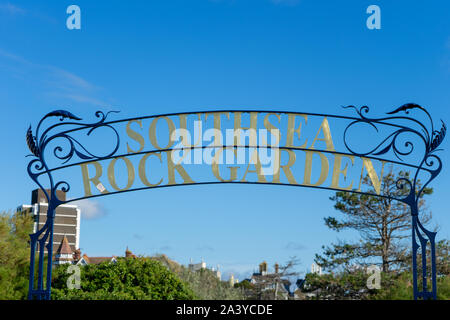 The sign for Southsea rock gardens, Southsea, Portsmouth, Hampshire Stock Photo