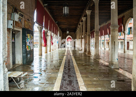 The famous fish market near the Rialto Bridge in Venice - Italy, when it is empty and clean at the end of a working day. Stock Photo