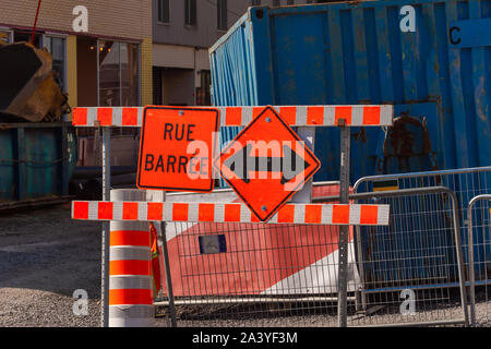 Construction site on Saint-Hubert street. "Rue Barrée" means closed road in french. Stock Photo