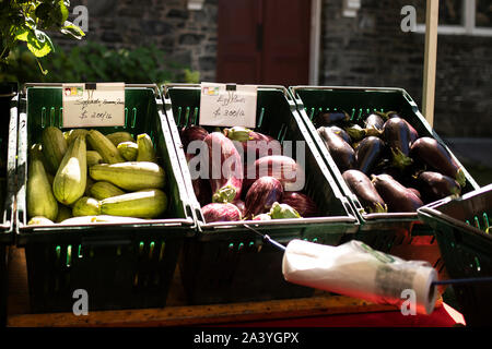 Eggplant and summer squash for sale at a farmer's market in Lowell, Massachusetts, USA. Stock Photo