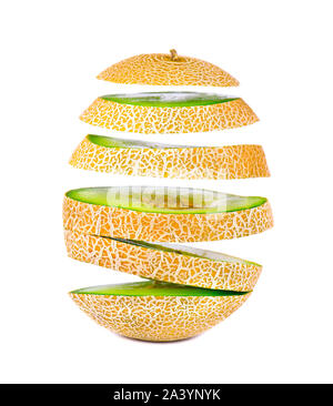 Flying slices of juicy and sweet melon, isolated on white background. Clipping path. Stock Photo