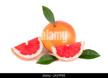 Grapefruit piece isolated on white background. Fresh fruit. With clipping path. Fresh grapefruit with green leaves isolated. Stock Photo