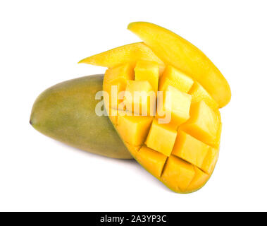 Mango fruit, cubes and mango slices, isolated on a white background Stock Photo