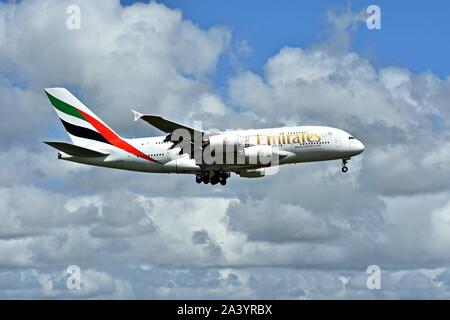 Emirates, A380, Landing, Auckland International Airport Stock Photo