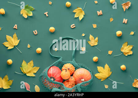 Autumn flat lay on dark green background. Orange pumpkins, apples and quince in blue mesh bag or string bag and yellow maple leaves. Hello Fall! Stock Photo