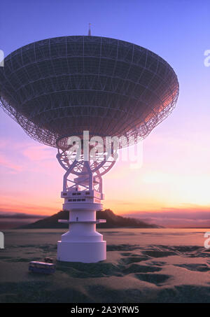 Huge satellite antenna dish for communication and signal reception out of the planet Earth. Observatory searching for radio signal in space at sunset.