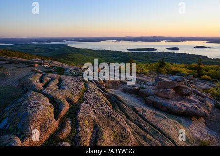 Granite rock formations at sunrise in Acadia National Park, USA Stock Photo