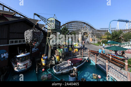 Rust, Germany. 27th Aug, 2019. The outdoor photo shows the Icelandic theme area in Europa-Park with the ride 'Whale Adventures- Northern Lights'. The park covers 95 hectares and, according to the operators, attracts more than 5.6 million visitors annually with more than 100 attractions and shows. It is therefore Germany's largest and, after Disneyland Paris, the most visited theme park in Europe. Credit: Patrick Seeger/dpa/Alamy Live News Stock Photo