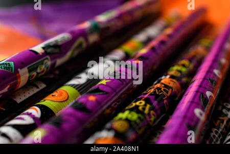 Closeup of Cool Halloween Pencils Isolated on Halloween Theme Colored Background Stock Photo