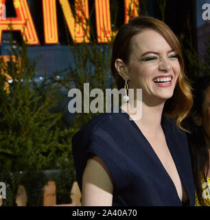 Los Angeles, United States. 10th Oct, 2019. Cast member Emma Stone attends the premiere of the motion picture horror comedy 'Zombieland: Double Tap' at the Regency Village Theatre in the Westwood section of Los Angeles on Thursday, October 10, 2019. Storyline: Columbus, Tallahassee, Wichita, and Little Rock move to the American heartland as they face off against evolved zombies, fellow survivors, and the growing pains of the snarky makeshift family. Photo by Jim Ruymen/UPI Credit: UPI/Alamy Live News Stock Photo