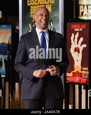 Los Angeles, United States. 10th Oct, 2019. U.S. Senator and Democratic presidential candidate Cory Booker (D-NJ) attends the premiere of the motion picture horror comedy 'Zombieland: Double Tap' at the Regency Village Theatre in the Westwood section of Los Angeles on Thursday, October 10, 2019. Storyline: Columbus, Tallahassee, Wichita, and Little Rock move to the American heartland as they face off against evolved zombies, fellow survivors, and the growing pains of the snarky makeshift family. Photo by Jim Ruymen/UPI Credit: UPI/Alamy Live News Stock Photo