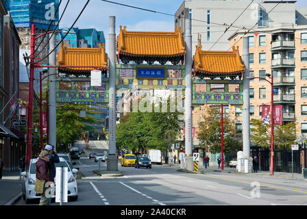 Millennium Gate in Vancouver BC Chinatown in the Autumn 2019. Street scene is Chinatown, Vancouver Canada. Stock Photo