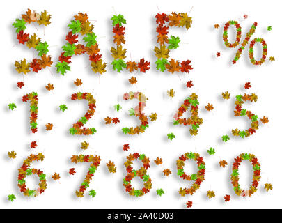Word Sale with digits from 0 to 9 and percentage sign made of bright maple leaves on white background for signboard or advertisement Stock Photo