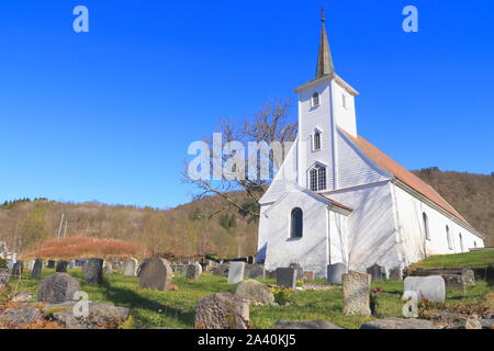 The facade of the 18th century church, Hosanger church, in Mjøsvågen on the island of Osterøy in Norway. Stock Photo