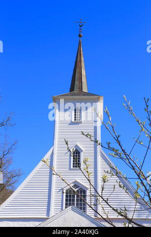 Close up of the facade of the 18th century church, Hosanger church, in Mjøsvågen on the island of Osterøy in Norway. Stock Photo