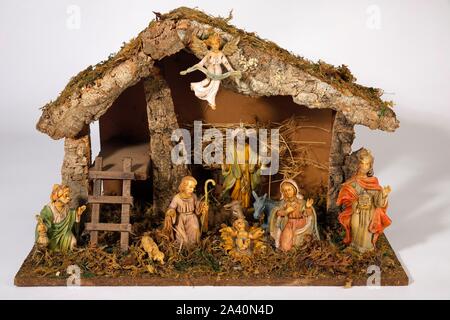 Christmas crib, Birth of Christ with figures Jesus Child, Mary and Joseph, Three Kings, Donkey, Ox and Angel, Germany Stock Photo