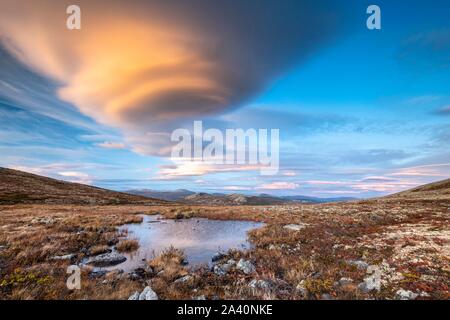 Autumnal Tundral landscape in Dovrefjell at evening mood, Lenticularis cloud, Dovrefjell-Sunndalsfjella National Park, Hjerkinn, Norway Stock Photo