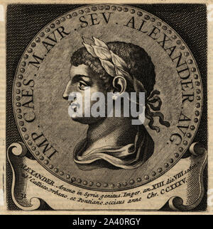 Roman Emperor Severus Alexander, 208-235. Marcus Aurelius Severus Alexander Augustus. Copperplate engraving from Abraham Bogaert’s De Roomsche Monarchy, The Roman Monarchy, Francois Salma, Utrecht, 1697. Stock Photo