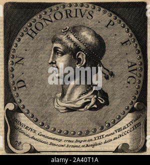 Roman Emperor Honorius, 384-423. Flavius Honorius Augustus;, Western Roman Emperor. Copperplate engraving from Abraham Bogaert’s De Roomsche Monarchy, The Roman Monarchy, Francois Salma, Utrecht, 1697. Stock Photo