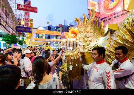 Golden dragon show on vegetarian festival at Yaowarat Street. Stock Photo