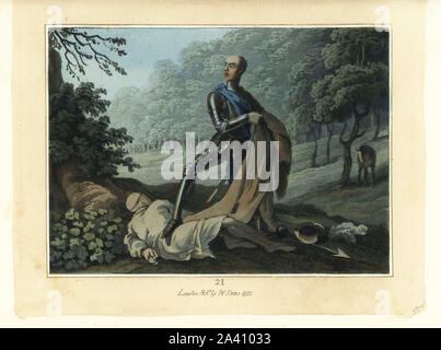 Medieval knight in armour with monk’s robes, standing over the dead body of a monk. Evil knight Alan. Handcoloured copperplate engraving after an illustration by Thomas Rowlandson from The Tournament, or Days of Chivalry, William Sams, London, 1823. Stock Photo