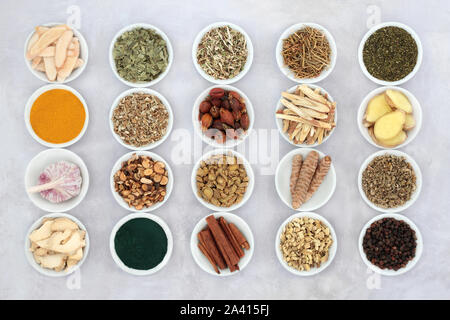 Asthma and respiratory relieving herbs, spice and supplement powders used in natural and chinese herbal medicine in porcelain bowls. Flat lay. Stock Photo
