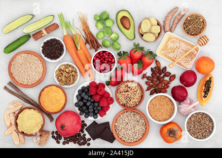 Asthma and respiratory relieving healthy food selection with herbs and spices used in chinese herbal medicine. Stock Photo