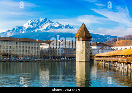 Kapellbrucke historic Chapel Bridge and waterfront landmarks in Lucern, Switzerland Stock Photo