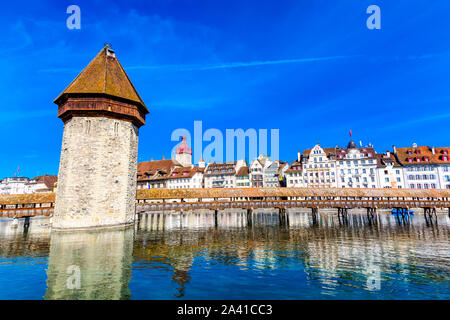 Kapellbrucke historic Chapel Bridge and waterfront landmarks in Lucerne, Switzerland Stock Photo