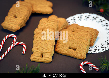 'Speculaas' or 'speculoos', a spiced thin, crunchy and caramelizedand shortcrust biscuit with figure stamped on the front side Stock Photo