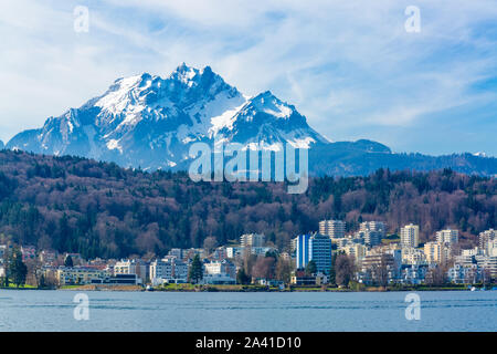 View of Pilatus Mountain from Lake Lucerne, Switzerland Stock Photo