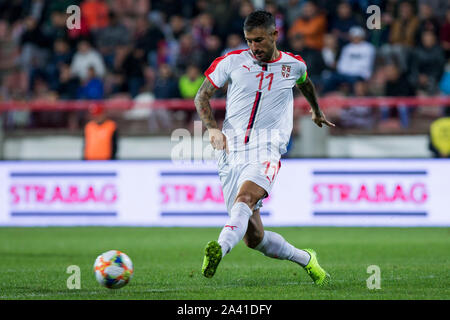 Krusevac, Serbia. 10th Oct, 2019. Aleksandar Kolarov of Serbia passes the ball. Credit: Nikola Krstic/Alamy Live News Stock Photo