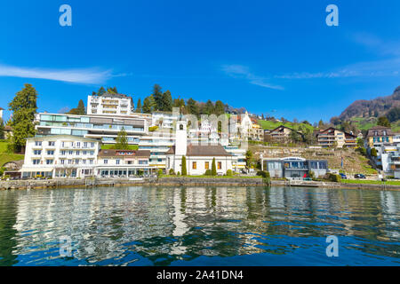 View at town Weggis from Lucerne lake, Switzerland Stock Photo