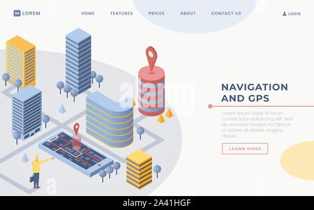 Mobile GPS software landing page template. City travel service website homepage interface idea with isometric vector illustration. Taxi delivery, navigation application web banner 3D cartoon concept Stock Vector
