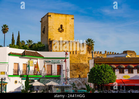 Tower and walls of the Arab castle of Utrera, Sevilla province. Southern Andalusia, Spain. Europe Stock Photo