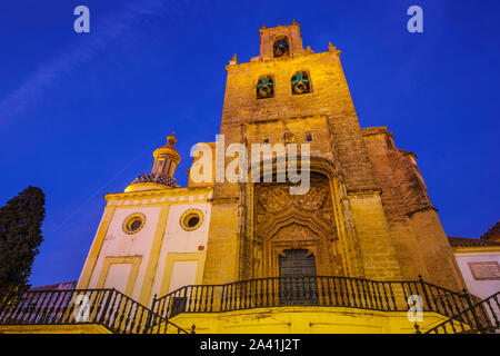 Gothic style Church of Santiago at dusk in Utrera, Sevilla province. Southern Andalusia, Spain. Europe Stock Photo