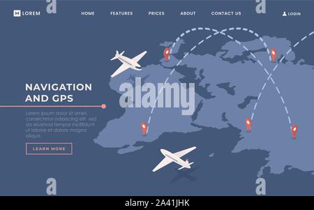 Commercial airlines landing page vector template. Transportation industry website homepage interface idea with isometric illustration. Logistics and navigation system web banner 3D cartoon concept Stock Vector