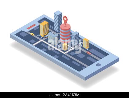 Mobile navigation application isometric vector illustration. GPS app, transportation business, express taxi delivery service 3D cartoon concept. Urban map, buildings and vehicles on smartphone screen Stock Vector