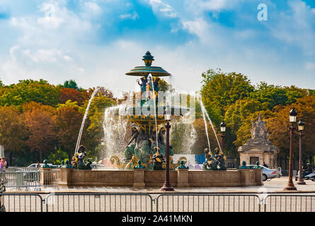 Lovely view of the north fountain in the famous Place de la Concorde in Paris. The fountain represents rivers like Rhone and Rhine along with harvest... Stock Photo