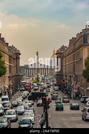 Perfect view of the street Rue Royal leading to the Place de la Concorde with the famous giant Egyptian obelisk in the centre and the Palais Bourbon... Stock Photo