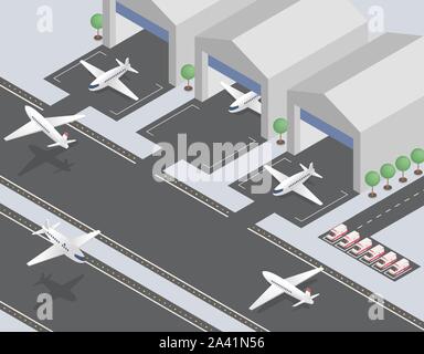 Departing, arriving planes isometric vector illustration. Civil aviation, passenger transportation business, commercial airline. Modern airfield, airport runway with aircrafts and ambulance cars Stock Vector