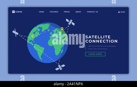 Satellite connection landing page vector template. Telecommunication technology website homepage UI idea with isometric vector illustration. Worldwide wireless network web banner 3D cartoon concept Stock Vector