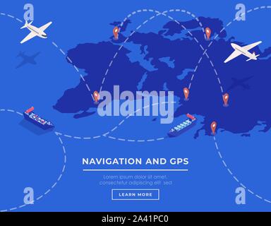 Cargo shipping web banner vector template. Commercial transportation business website landing page UI layout. International logistics, navigation webpage, homepage cartoon concept with text space Stock Vector