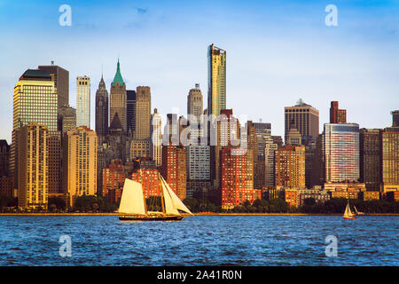 Lower Manhattan panorama and Hudson River taken from Yersey City during sunset, New York City Stock Photo