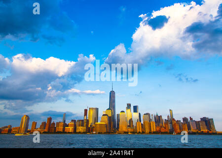 Lower Manhattan panorama and Hudson River taken from Yersey City during sunset, New York City Stock Photo