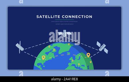 Satellite connection flat banner vector template. Modern telecommunication technology, international information network cartoon poster layout. Broadcasting equipment illustration with text space Stock Vector