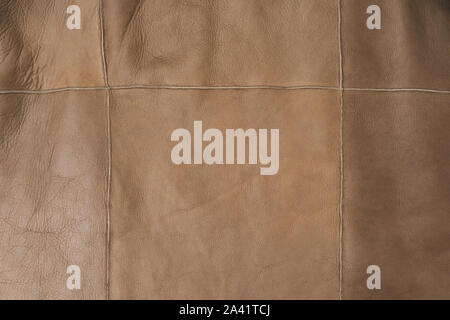 Brown leather surface stitched with threads. Natural material sample. Textured colorful background. Free space for advert. Stock Photo